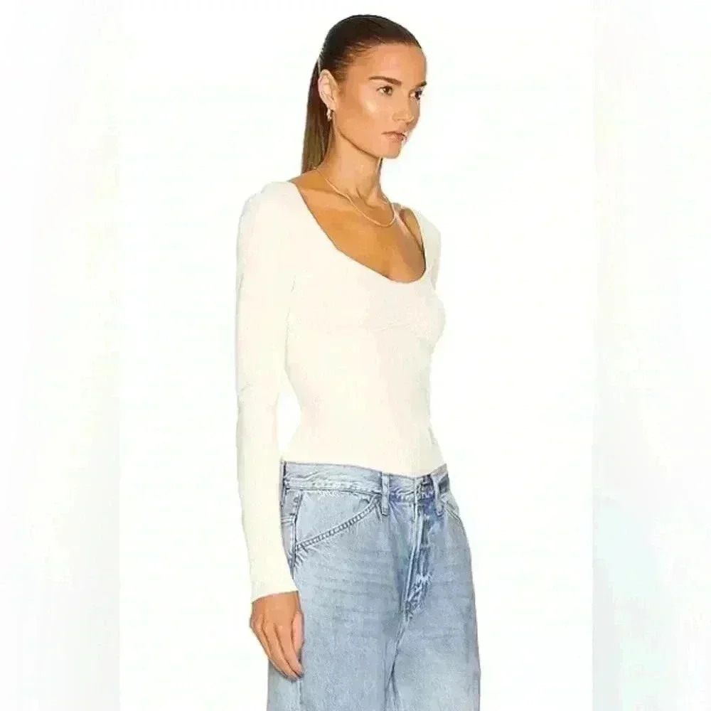 FRAME Denim Ribbed Long Sleeve Top in Bone, size L, NWT